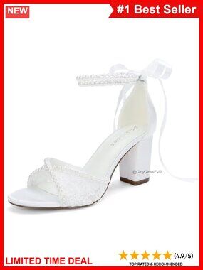 Lace Wedding Sandals Pearl Block Heel Bride Shoes